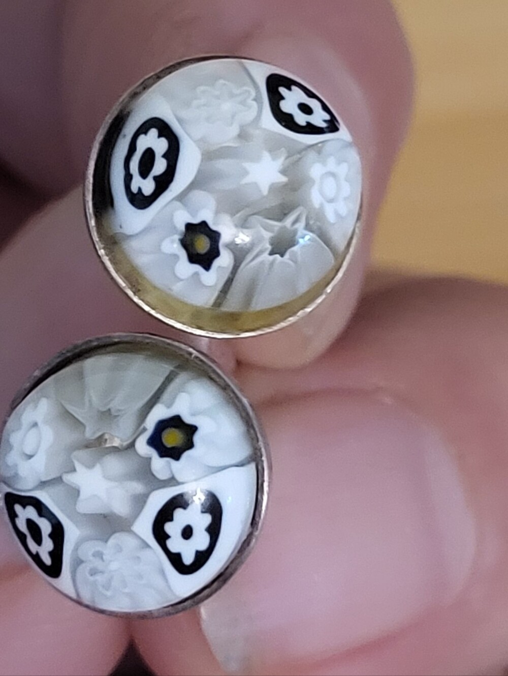 White Millefiori Floral Glass Stud Earrings in Sterling Silver